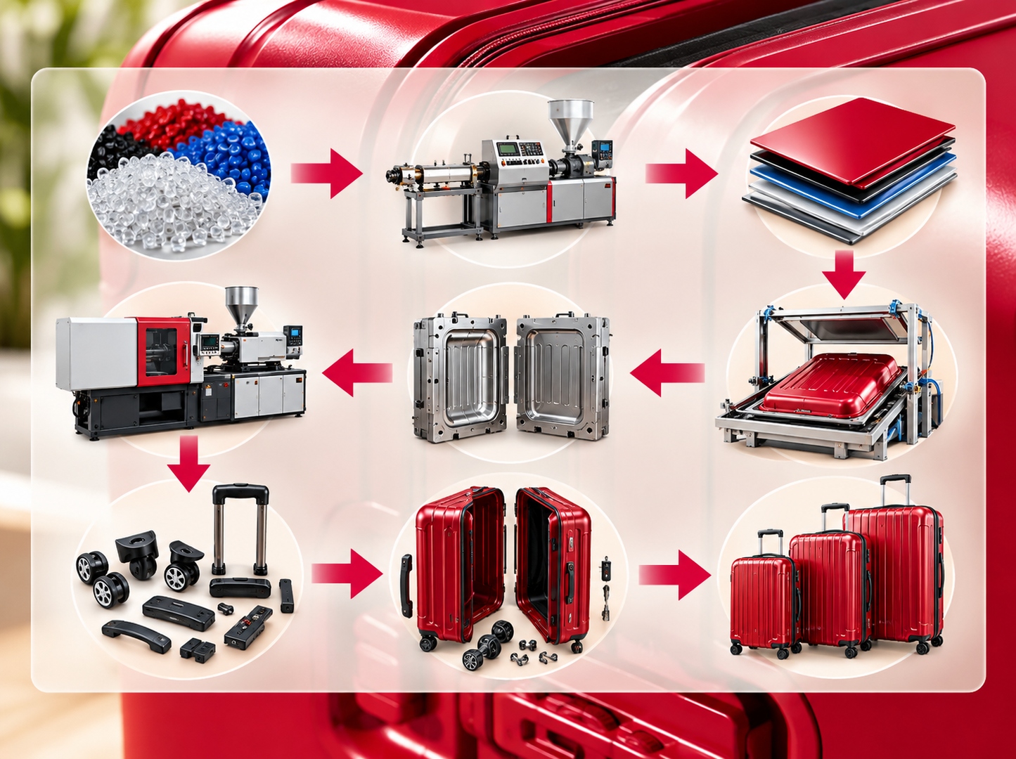A six-step diagram showing the Galisto luggage manufacturing process — from raw pellets to finished suitcase.