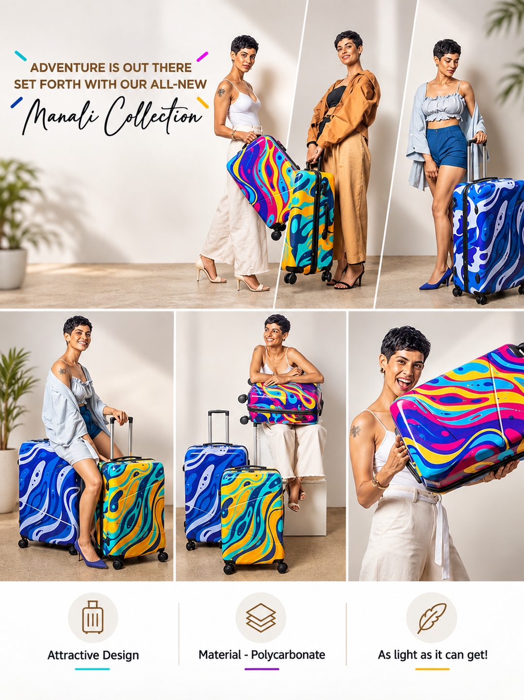 Manali collection — watercolor-print hardshell luggage.